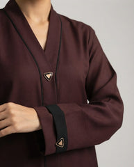 Dark Brown Premium Fabric Abaya with Black Piping & Triangular Buttons | Elegant Front‑Closed Modest Wear by Tehnoor
