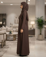 Elegant Coffee Brown A-Line Abaya with Lapel Collar | Premium Nida Fabric | Tehnoor