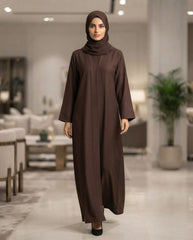 Elegant Coffee Brown A-Line Abaya with Lapel Collar | Premium Nida Fabric | Tehnoor