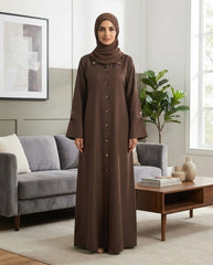 Elegant Brown Collared A-Line Abaya with Gold Accents | Premium Nida | Tehnoor