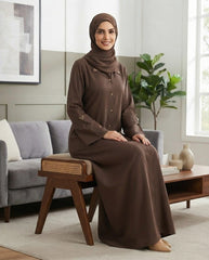 Elegant Brown Collared A-Line Abaya with Gold Accents | Premium Nida | Tehnoor