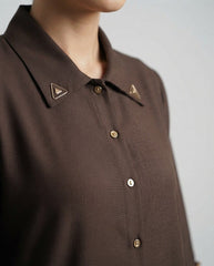 Elegant Brown Collared A-Line Abaya with Gold Accents | Premium Nida | Tehnoor