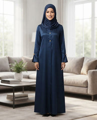 Elegant Dark Blue Collared A-Line Abaya with Gold Accents | Premium Nida | Tehnoor