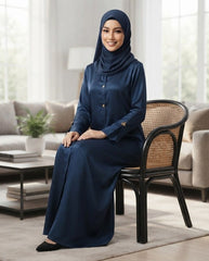 Elegant Dark Blue Collared A-Line Abaya with Gold Accents | Premium Nida | Tehnoor
