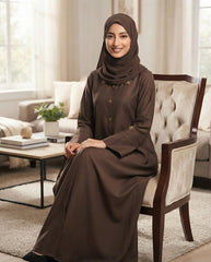 Elegant Brown Collared A-Line Abaya with Gold Accents | Premium Nida | Tehnoor
