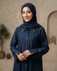 Elegant Dark Blue Collared A-Line Abaya with Gold Accents | Premium Nida | Tehnoor
