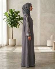 Slate Grey Zoom Party Wear Abaya with Leaf Embroidered Sleeves