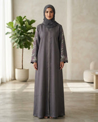 Slate Grey Zoom Party Wear Abaya with Leaf Embroidered Sleeves