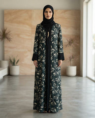 Dark Green Nida Leaf Print Daily Wear Abaya with Tassel Detail