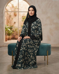 Dark Green Nida Leaf Print Daily Wear Abaya with Tassel Detail