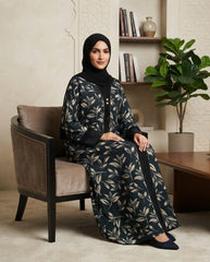 Dark Teal Nida Leaf Print Daily Wear Abaya with Beaded Cuffs