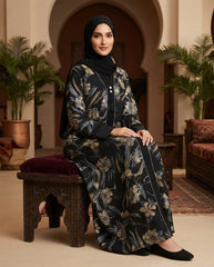 Black Nida Gold Floral Print Daily Wear Abaya with Beaded Cuffs