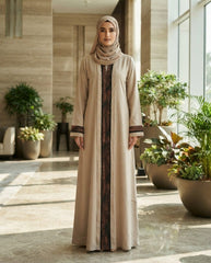 Sand Beige Nida Front Open Party Wear Abaya with Brown Embellished Panel