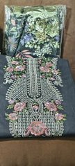 Black Viscose Rayon Unstitched Suit with Heavy Embroidery and Cotton Dupatta