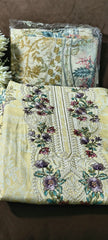 Butter Yellow Viscose Rayon Unstitched Suit with Heavy Embroidery and Cotton Dupatta