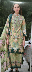Sage Green Cotton Unstitched Suit with Heavy Embroidery and Printed Plazo