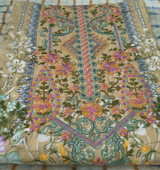 Camel Beige Floral Embroidered Pure Cotton Unstitched Suit Material