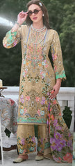 Camel Beige Floral Embroidered Pure Cotton Unstitched Suit Material