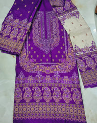 Royal Purple Printed Cotton Unstitched Suit with Cream Dupatta