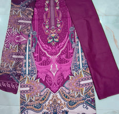 Plum Purple Pure Cotton Unstitched Suit with Mal-Mal Cotton Dupatta