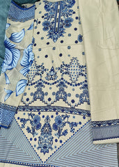 Cream Blue Heavy Lawn Cotton Unstitched Suit with Printed Dupatta
