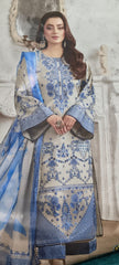 Cream Blue Heavy Lawn Cotton Unstitched Suit with Printed Dupatta