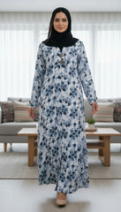 Tehnoor Monochrome Vintage Floral Abaya – Premium Indian Nida Fabric Modest Cardigan with white and Blue Enamel Accents - 56" Length