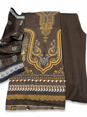 Chocolate Brown Heavy Lawn Cotton Unstitched Suit with Printed Dupatta