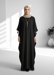 Black Satin Kaftan with Gold Trim & Tassel Detail