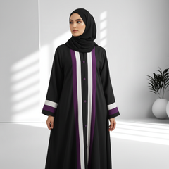 Tehnoor Black Crepe Abaya with White & Purple Stripes  Elegant Modest Wear for Women