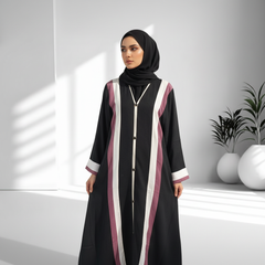 Tehnoor Black Crepe Abaya with White & Mauve Stripes  Elegant Modest Wear for Women