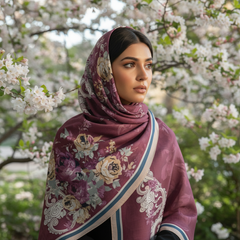 Maroon Floral Hijab with Beige-Blue Border Accents