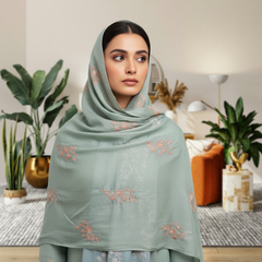 Light Green Embroidered Stole with Pink Floral Motif