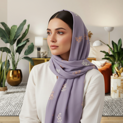 Light Purple Embroidered Stole with White & Gold Floral Motif