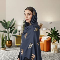 Dark Blue Embroidered Stole with Golden Floral Motif