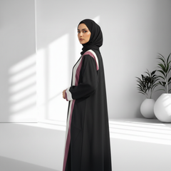 Tehnoor Black Crepe Abaya with White & Mauve Stripes  Elegant Modest Wear for Women