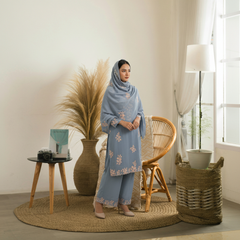 Light Blue Embroidered Stole with Peach & White Floral Motif