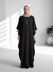 Black Satin Kaftan with Gold Trim & Tassel Detail