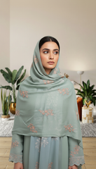 Light Green Embroidered Stole with Pink Floral Motif