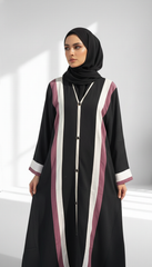 Tehnoor Black Crepe Abaya with White & Mauve Stripes  Elegant Modest Wear for Women