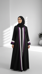 Tehnoor Black Crepe Abaya with White & Purple Stripes  Elegant Modest Wear for Women