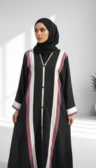 Tehnoor Black Crepe Abaya with White & Mauve Stripes  Elegant Modest Wear for Women